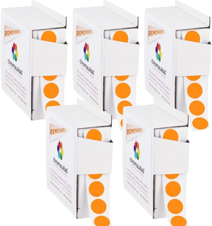 ChromaLabel 1/2 Inch Circle Sticker Labels, Easy to Write On Color Coding Labels, Removable Sticky Dots - 1000 Orange Dot Label Stickers per Dispenser Box, Orange Stickers - Case of 5