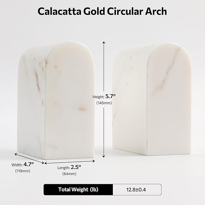 Faticdorr Luxury Marble Bookends for Shelves, 13LB Heavy Duty Marble Book Ends for Heavy Books, Stone Bookends Decorative, Polished, Calacatta Gold Arch, Set of 2