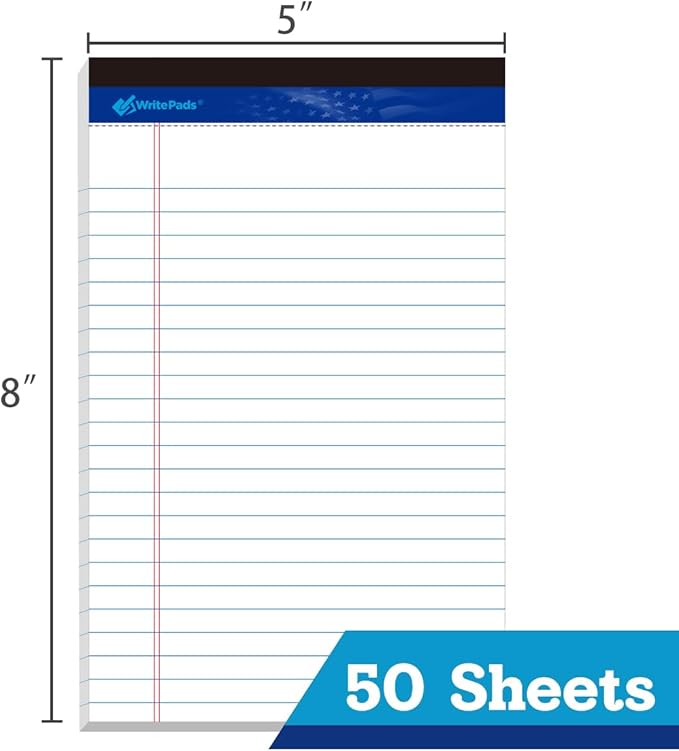 WritePads Legal note pads 5"x8" Legal Pads,College Ruled,White Paper,12 Pack,50 Sheets Per Writing Pad,Micro perforated Writing Pad,BL-SWT50C-12PAD