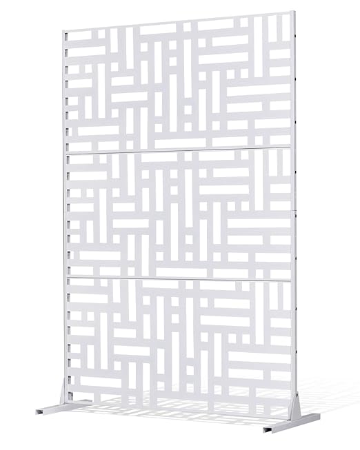 VEVOR Metal Privacy Screen, 47" W x 76" H Outdoor Privacy Screens 3-Panel, Freestanding Outdoor Divider with Stand, Decorative Garden Steel Privacy Fence for Balcony Patio Indoor Room Hot Tub White