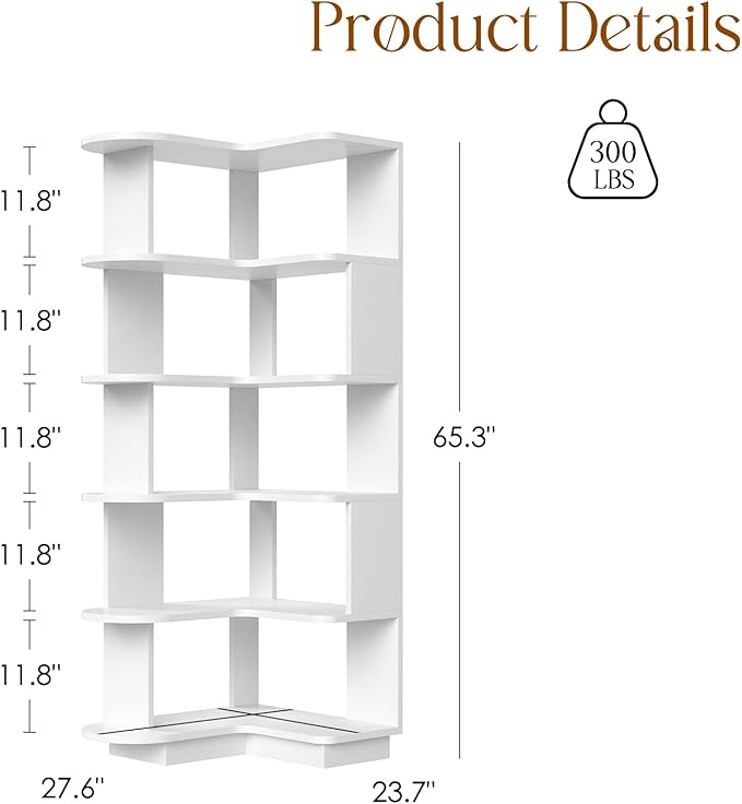 Farini 5-Tier Corner Bookshelf,L-Shaped Bookcase Freestanding Storage Shelf & Display Stand for Living Room, Office, Bedroom,White