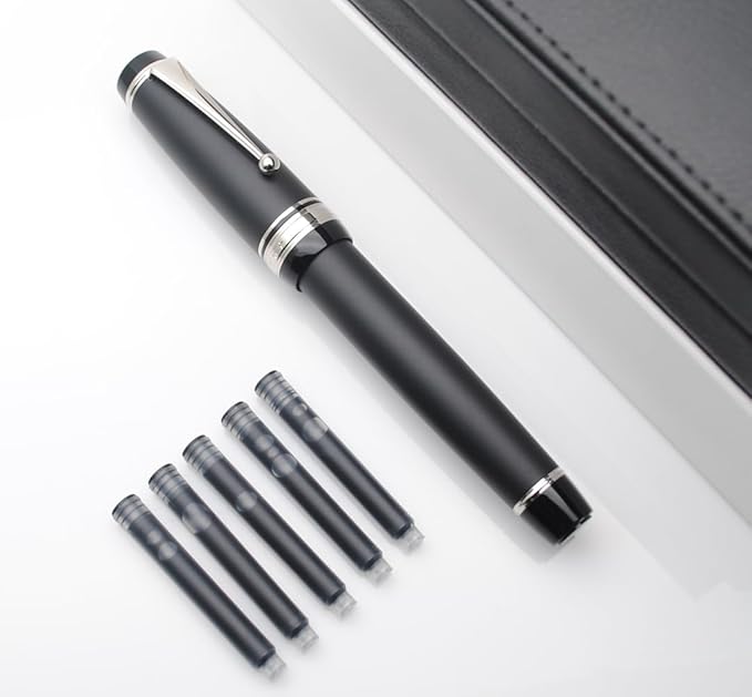 xixixiaozhu Metal Big Fountain Pen Set Medium Nib 0.7mm, Includes Ink Refill Converter, 5 Ink Cartridges & Gift Box (Medium Nib 0.7mm, Matte Black with Silvery Clip)