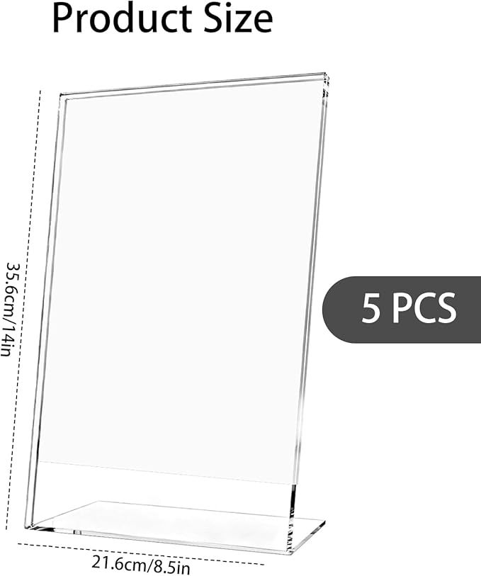 PEDOBALI 5 Pcs 8. 5" x 14" Sign Holders Acrylic Document Holder Graphic Poster Shelf Slanted Paper Desk Display Stand Side Loading Clear Flyer Shelf Vertical L Shape Frame for Office Restaurants