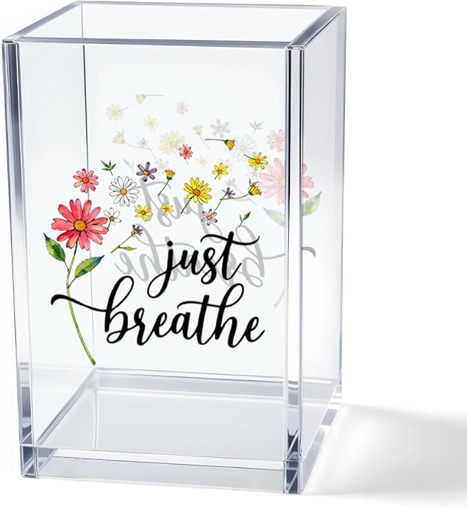 Vgrti Just Breathe Acrylic Cosmetic Pencil Pen Holder Cup, Inspirational Dandelion Desk Organizer Accessories for Home Office Decor, Encouragement Gifts for Women Girl Coworker Daughter Yoga Teacher