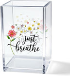 Vgrti Just Breathe Acrylic Cosmetic Pencil Pen Holder Cup, Inspirational Dandelion Desk Organizer Accessories for Home Office Decor, Encouragement Gifts for Women Girl Coworker Daughter Yoga Teacher
