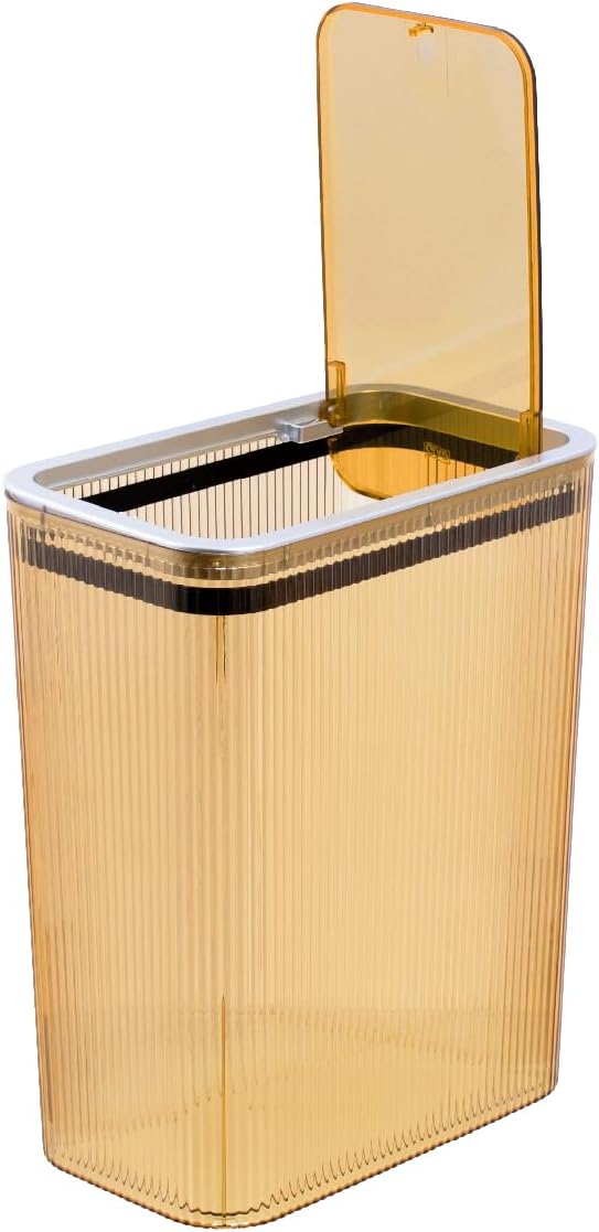Glad Bathroom Trash Can, 2.6 Gallon (10L) - Slim Plastic Waste Basket with Pop-Up Lid and Bag Ring - Colored Clear Trash Can for Bedroom, Office, College Dorm - Brown