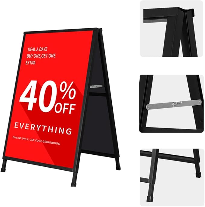 DISPLAYSWORKER Heavy Duty A-Frame Sidewalks Signs 24x36 Inch ,outdoor Sandwich Board Sign Black Coated Steel Metal Double-Sided，Slide-in Folding with 2 Corrugated Plastic Poster Boards&2 Anti-Glare