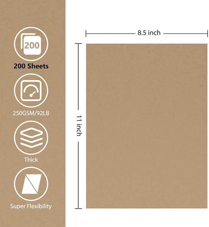 OcePor 200 Sheets Brown Cardstock Paper, Colored Printer Paper 8.5 x 11, Card Stock Thick Construction for Craft,Scrapbook，Office Printing, Invitations, Certificates，92 lb/250gsm
