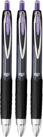 Advantage Gifts Signo 207 Roller Ball Retractable Gel Pens, Medium Point (0.7mm), Purple Ink, 3 Count, Bundle with Plastic Reusable Pouch