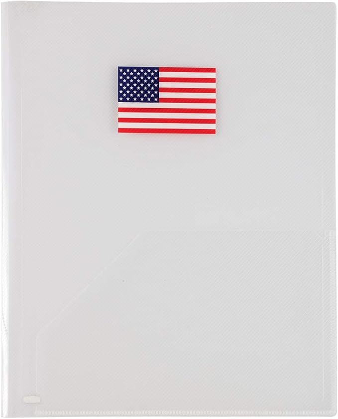 JAM PAPER Plastic Light Weight Two Pocket Presentation Folders - Clear w/American Flag - 12/Pack