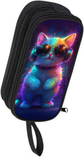 HiMagics Children's Pencil Case, Large Zipper Pencil Pouch for Boys with Two Compartments Boys Pen Pouch for School Cat with Headphones Pencil Bag, Black