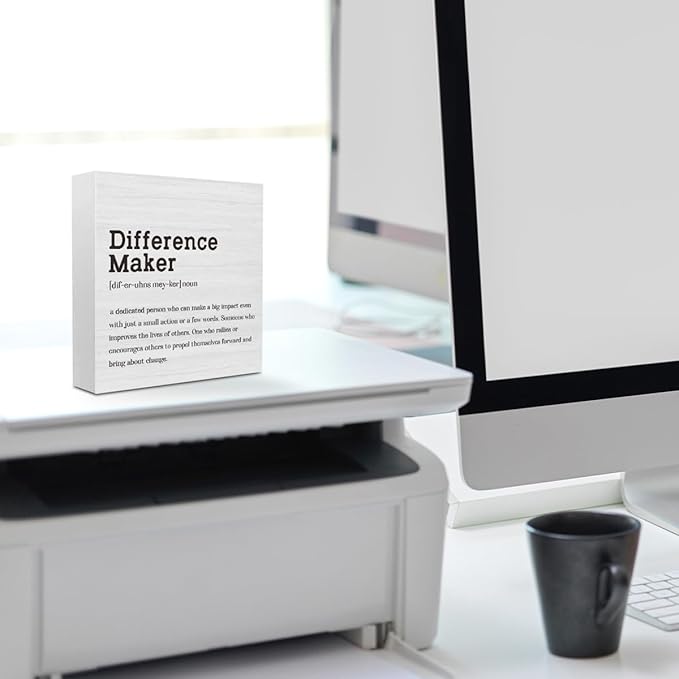 Difference Maker Definition Home Office Decor Wooden Box Sign Motivational Farmhouse Decorative Positive Office Desk Accessories Wood Plaque Affirmations Wood Table Sign for TV Cabinet Shelf