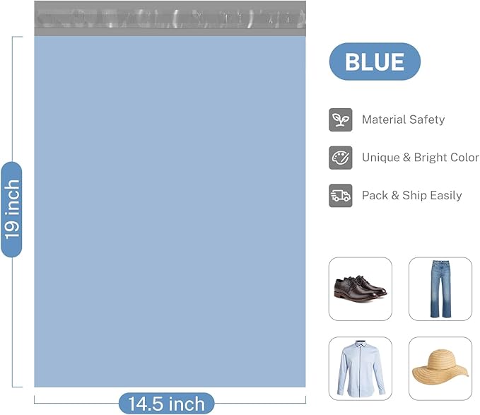Metronic Poly Mailers 14.5x19 200pcs, Large Shipping Bags for Clothing, Durable Shipping Envelopes, Mailing Bags for Small Business, Waterproof and Tear-Proof Poly Bags Blue