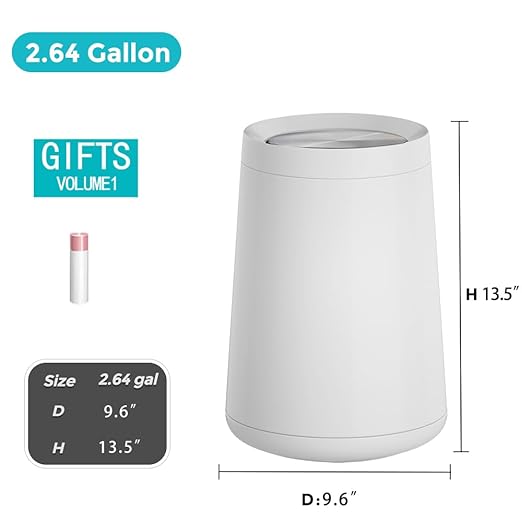 YOJIA 2.6 Gallon Bedroom Trash Can with tainless Steel Lid,Business Trash Bin，Elegant Garbage Can,White Waste Basket， for Bathroom itchen Living Room Office Hotel Cafe