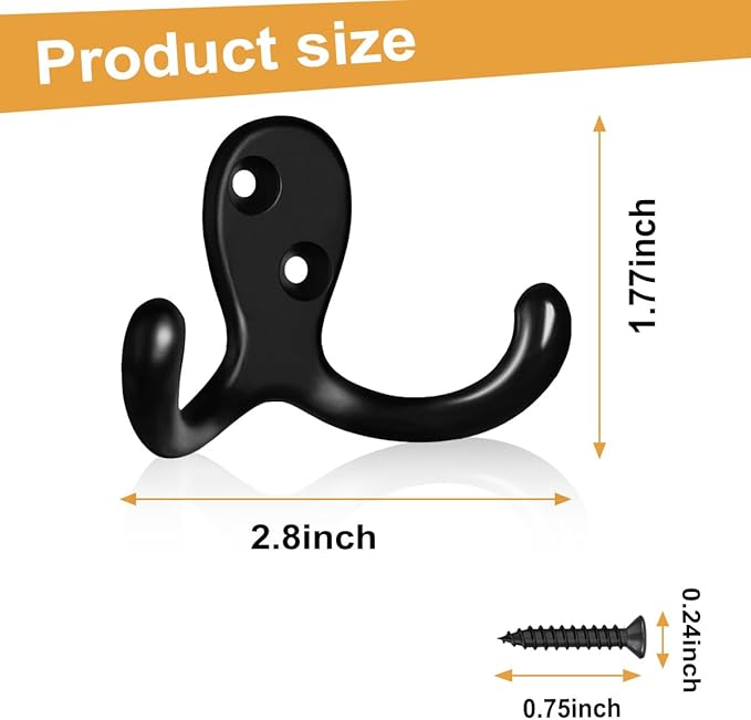 CBWLWJ 10 Pack Coat Hooks Wall Hooks for Hanging, Heavy Duty Double Prong Metal Hook Wall Mounted for Living Room, Bathroom, Kitchen, Bedroom for Coat, Bag, Scarf, Towel, Hat, Key, Cup (Black)