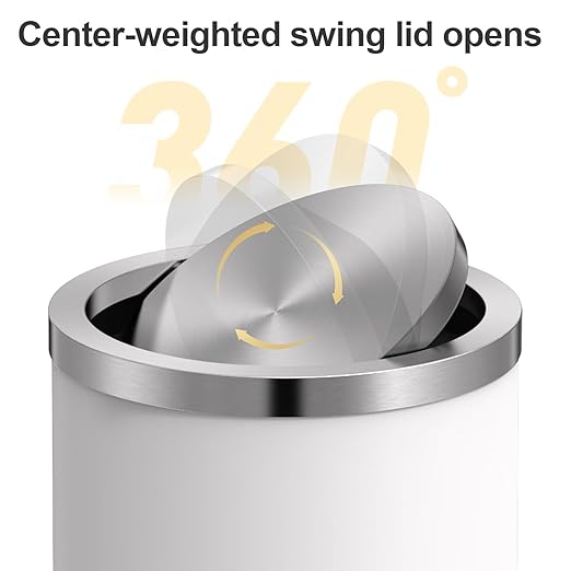 Mbillion Small Trash Can with Swing Lid 4 Gallons/ 15 Liter, Mini Trash Can with lid, Stainless Steel Cylindrical Garbage Can for Home and Office Bathroom Bedroom, for Ground and Desktop White