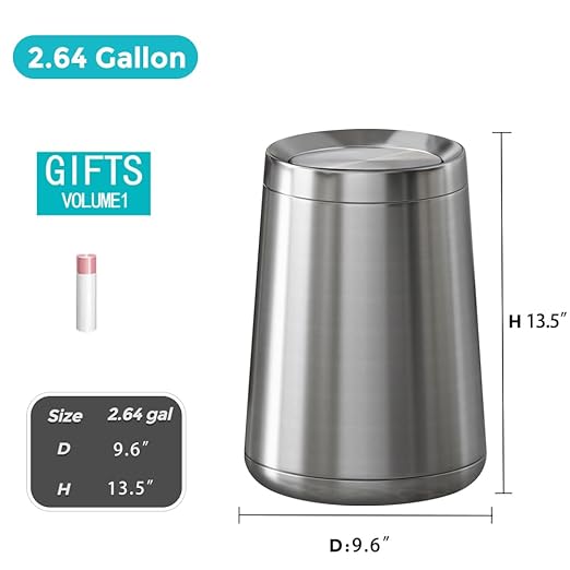YOJIA 10L / 2.6Gal Small Stainless Steel Sliver Trash Can,Metal Bathroom Garbage can with Lid,Modern Home Décor Wastebasket with Flipping Lid, Garbage Can for Kitchen,Bathroom,Living Room(Silver),