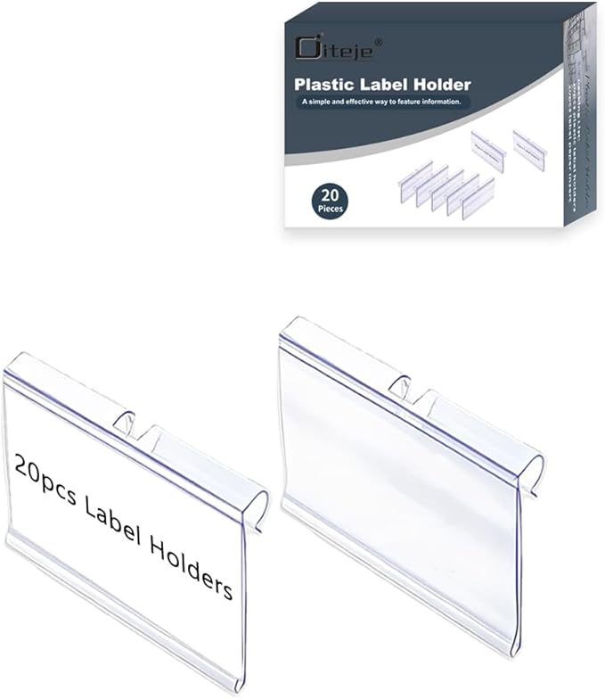 Diteje 20 Pack Plastic Wire Shelf Label Holder,Shelving Rack Retail Sign Hook Labels Clip On with Paper Inserts,2.36x1.50inch