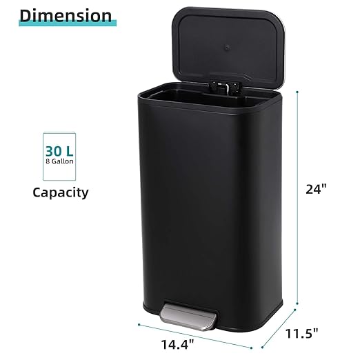 DYTesa 8 Gallon Black Stainless Steel Foot Pedal Trash Can | Rectangular Slim Design Saves Space | Soft-Close Lid & Removable Inner Bucket | Stylish Garbage Bin for Kitchen, Office, Living Room