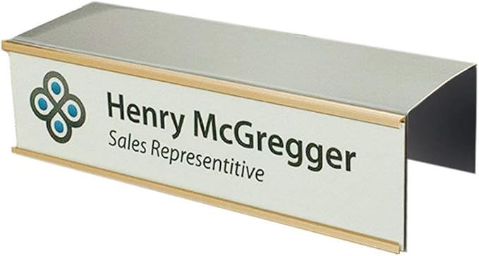 Over the Cube The Original Quality Aluminum, Changeable Cubicle Nameplate Holder, Satin Silver Base, and Polished Yellow Gold Name Plate Holder, (2.25" cubicle wall depth) - Made in the USA