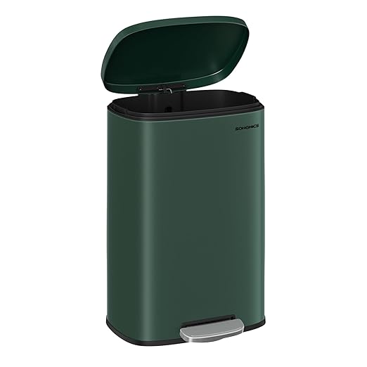SONGMICS 13 Gallon (50 L) Trash Can, Stainless Steel Kitchen Garbage Can, Recycling or Waste Bin, Soft Close, Step-On Pedal, Removable Inner Bucket, Retro Green ULTB050C01