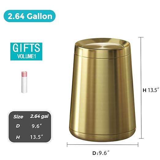 YOJIA 2.6Gal/10 L Gold Brushed Stainless Steel Trash Can with Swing Cover, Bathroom Trash Can with Lid, Garbage Can for Bathroom, Bedroom, Office, Hotel, Rest Room, RV (Gold)