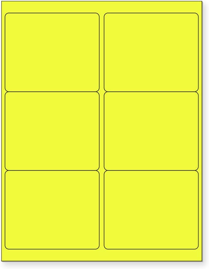 8-1/2 x 11 Neon Color High Light Fluorescent Labels for Laser & Inkjet Printer (Yellow Fluorescent, 4" x 3-1/3" - 6 Per Page | 600 Labels)