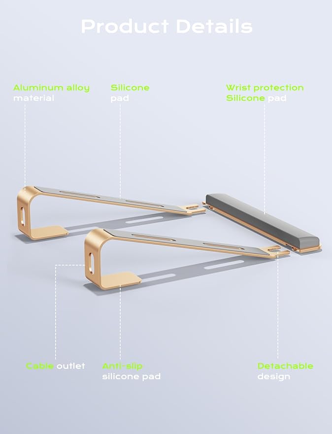 JCZT Aluminum Laptop Stand, Notebook Stand with Wrist Rest, Ergonomic Detachable Laptop Mount, Computer Stand Compatible with 10-17'' All Laptops Such as MacBook Air Pro/HP/Dell/Lenovo, Gold