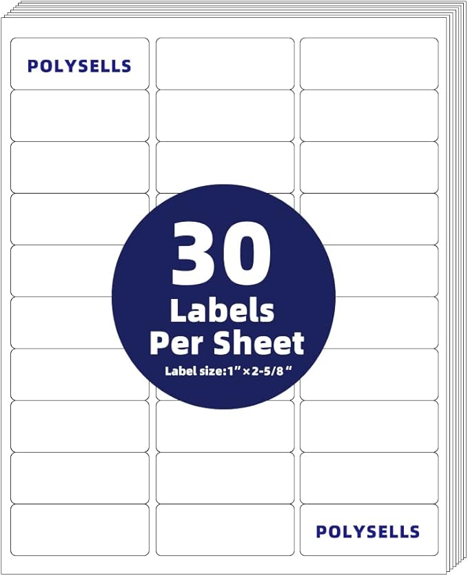 POLYSELLS 1" x2-5/8 Self Adhesive Address Labels, 30UP Blank Shipping Labels, FUSKU, FBA Mailing Labels for Inkjet and Laser Printer, 7500 Sticker Labels (250 Sheets), 30 Labels per Sheet