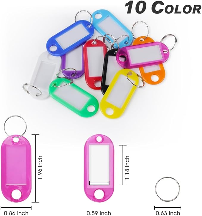 Key Tags, Key Labels, 10 Pack Plastic Key Tags with Ring and Label Window, Key Chain ID Tags/Identifiers for Name, Luggage, Bags, Backpack, 10 Colors