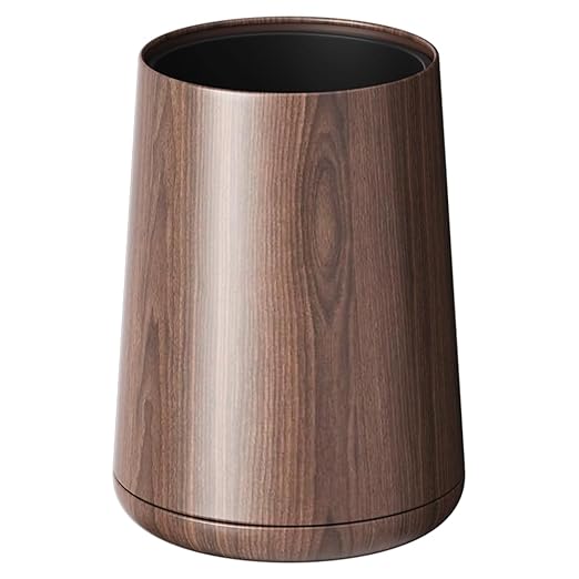 LEASYLIFE 8L/2.1GAL Modern Metal Waste Bin with Realistic Wood Texture,Built-in Bag Holder,Open-Top Trash Bin for Bathroom,Home,Office,Living Room (2.1gal Cone)