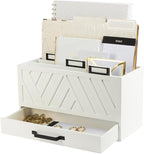BLU MONACO White Desktop Mail Organizer with Drawer | Three-Tier Wooden Mail Holder with Gold Label Holders | Countertop Document and Bill Organizer for Home or Office