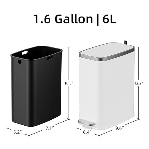 KdbK Stainless Steel Bathroom Trash Can with Lid Soft Close,1.6 Gallon Slim Garbage can,Small Metal Step Wastebasket for Office, Bedroom, Toilet, White