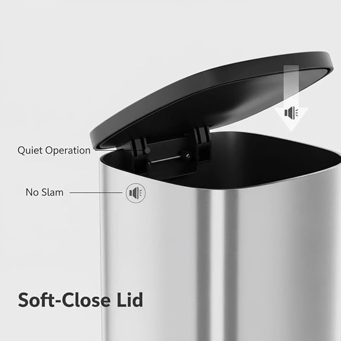 50L / 13.2 Gallon D-Shaped Stainless Steel Step Trash Can, Soft-Close Lid, Removable Inner Bin, Fingerprint Resistant, Space-Saving Garbage Bin for Kitchen, Bathroom, Outdoor, Home Office, Compost
