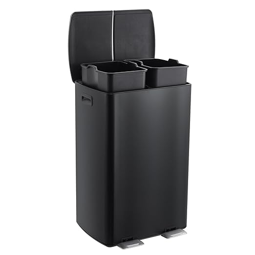 GarveeHome Commercial Dual Trash Can, 16 Gallon Stainless Steel Double Compartment Recycling Bin with Soft-Close Lids, Pedals & Plastic Inner Buckets, 60L Garbage Can for Kitchen, Home, Office, Black