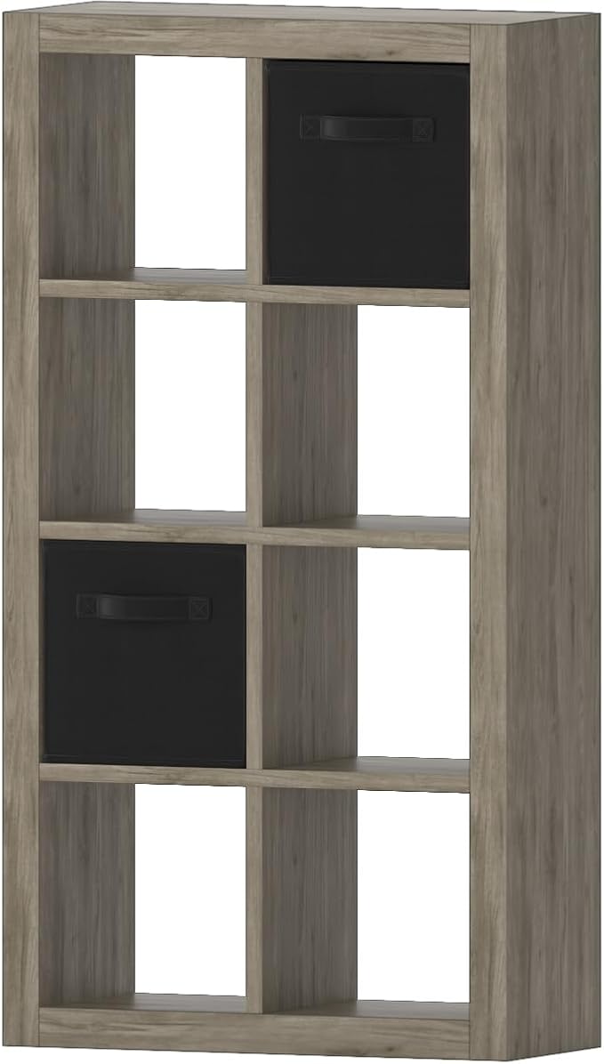 furtble Bookshelf with Storage Bins, 8-Cube Storage Organizer, Modern Wood Open Bookcase, Multifunctional Display Shelf for Living Room, Bedroom, Home Office, Gray Oak
