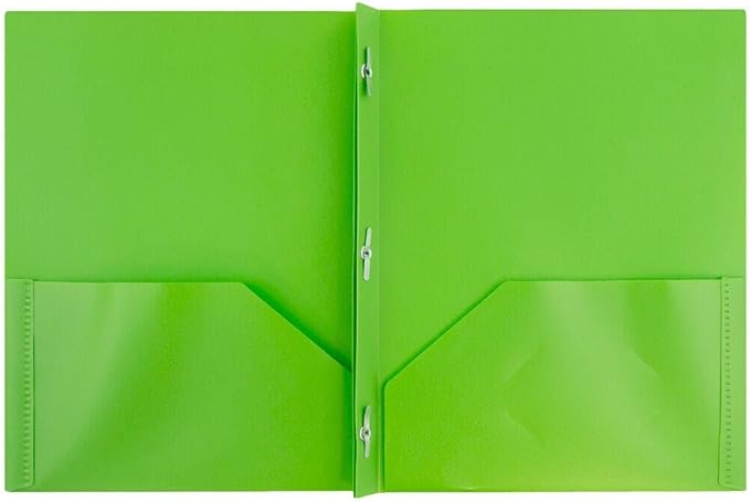 JAM PAPER Plastic Color Pop Folders - 2 Pocket Durable Folders with Metal Prongs Fastener Clasps - Lime Green - 3/Pack