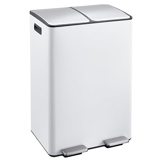 Garvee Dual Trash Can, 16 Gal (2 x 30 l) Stainless Steel Kitchen Garbage Can with Lid and Inner Bucket, Double Compartment Trash and Recycle Bin Combo with Step Pedal for Home Office, White