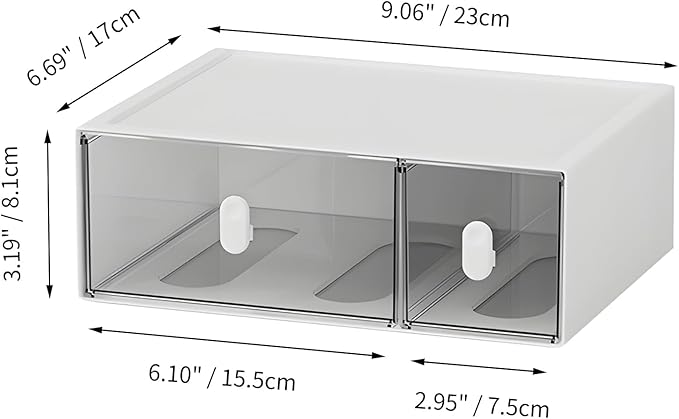 OSteed Desktop Drawers, Desk Organizer with 2 Drawers & Upright Handles, Stackable Plastic Storage Box for Home Collection, Cosmetics, Office Supplies (Tall Layer, White & Clear)