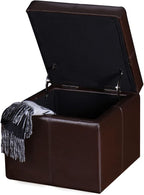 Adeco Faux Leather Cube Storage Ottoman, Brown Ottomans for Living Room, Bedroom
