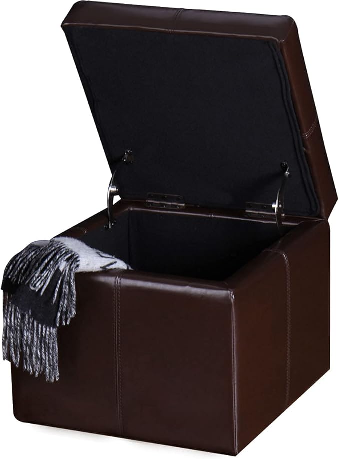 Adeco Faux Leather Cube Storage Ottoman, Brown Ottomans for Living Room, Bedroom