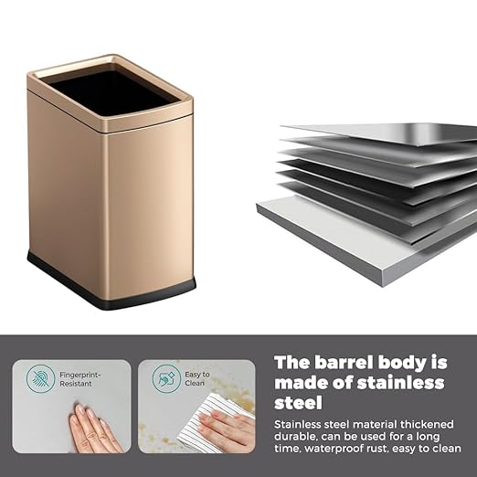 YOJIA 4.7 Gallon/18L Brushed Gold Bathroom Trash Can, Open Top Slim Dual Wastebaskte Simple Human Stainless Steel Garbage Can for Commercial Home Kitchen Office (18L Champagne Gold)