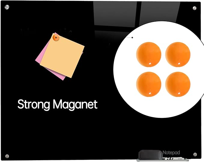 Magnetic Glass Dry Erase Board - Black Board 48 x 96 Inch Wall Mounted Glass Whiteboard, Large Frameless White Board for Wall Office, Home & School, Black