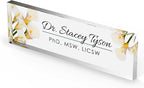 Artblox Personalized Office Desk Name Plate and Business Card Holder | Clear Acrylic Glass with Teak Wood Stand | Calla Flowers Design Customized with Your Name and Credentials Office Desk Decor