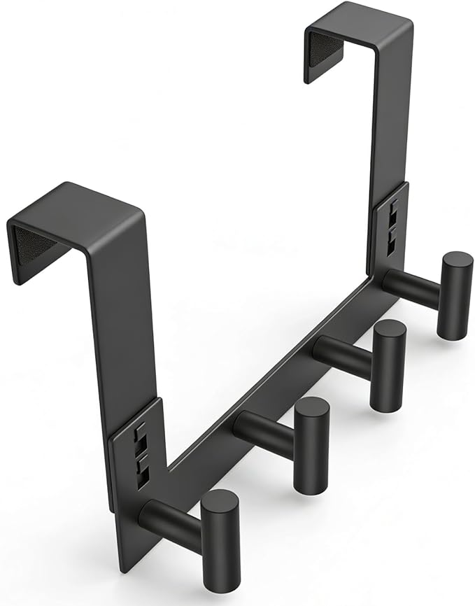 PMMASTO Over The Door Hooks, Fits 1-3/4" Thick Door No Drill Hooks for Closet Bathroom Bedroom Organization, Hanger for Coat Towel Robe (Black, 4 T-Hooks)