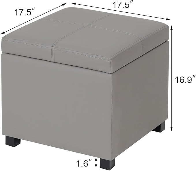 Asense 17 Inch Storage Ottoman Foot Rest,Square Faux Leather Foot Stool,Small Ottoman with Storage,Padded Seat for Entryway,Living Room,Bedroom,Couch,Under Desk,Grey