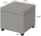 Asense 17 Inch Storage Ottoman Foot Rest,Square Faux Leather Foot Stool,Small Ottoman with Storage,Padded Seat for Entryway,Living Room,Bedroom,Couch,Under Desk,Grey