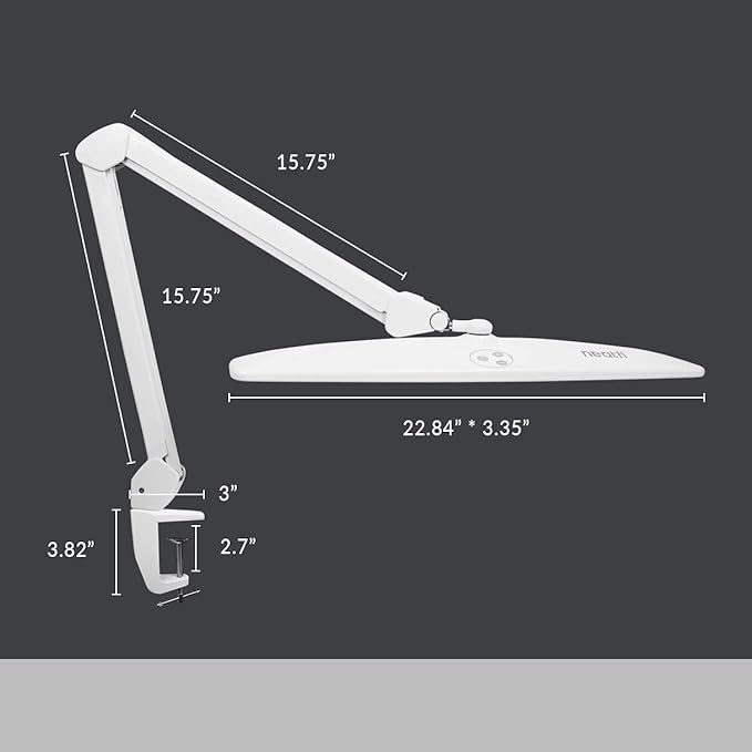 Neatfi Elite HD XL Task Lamp, 1600 Lumens, 84PCS SMD LED, 6500K, Non-Polar Dimming, Desk Light for Home, Office, and Study Room (Non-CCT with Clamp, White, 22 Inches)