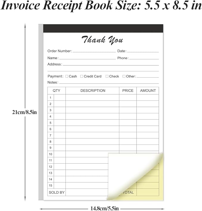 (5-Pack) Thank You Receipt Book - 5.5" x 8.5" Cardboard 2-Part Carbonless Sales Invoice Book, 250 Sheets Invoice Pad with Cardboard for Small Business