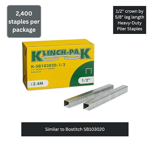 Klinch-Pak K-SB103020-1/2, 1/2" Crown by 5/8" Leg Length Heavy-Duty Plier Staple, 2,400 Count, Similar to Bostitch SB103020, for stapling Trays, Lids, Bags, Header Cards, Fastening End Caps